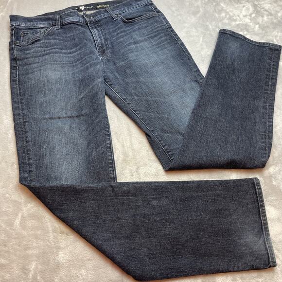 7 For All Mankind Slimmy Jeans Mens 36x34 Blue Dark Wash Denim Stretch Pants - Picture 2 of 10